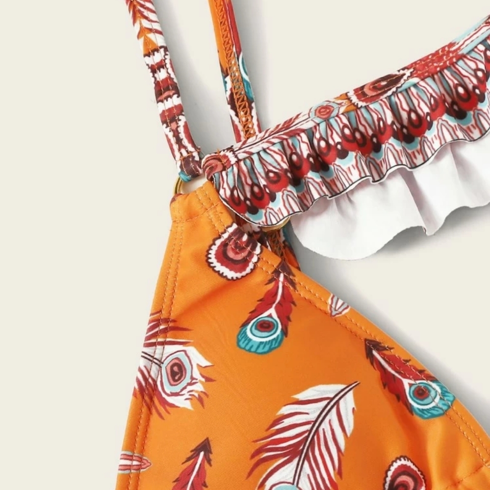 🏖Feather & Geometric Print Ruffle Bikini Set - Picture 6 of 9
